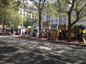 Just one of the many streets lined with food carts in Portland.