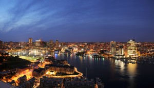 Baltimore at night. Photo courtesy Visit Baltimore.